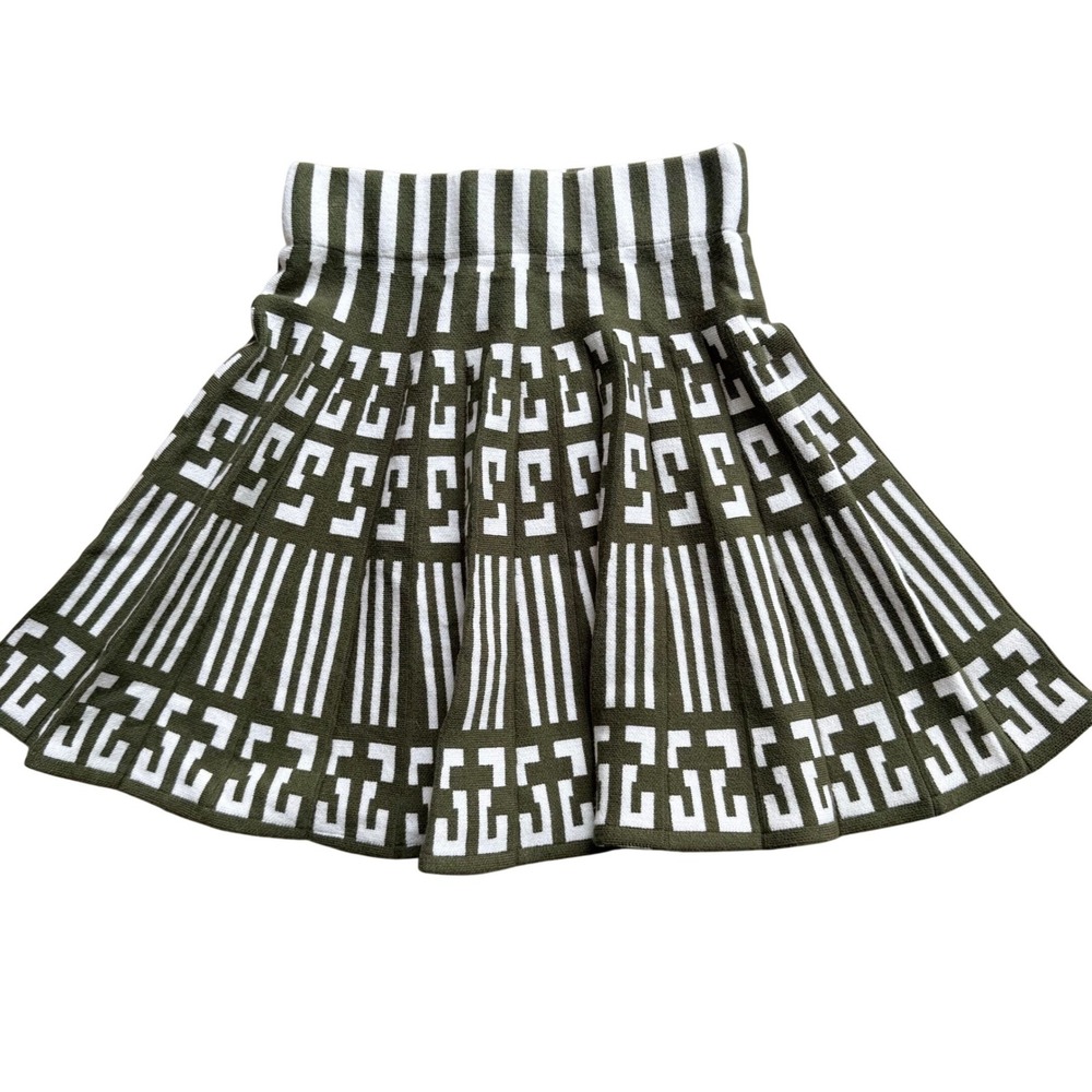 Olive green Knit Mini Skirt Womens One Size Geometric Greek Key Skater retro NEW
